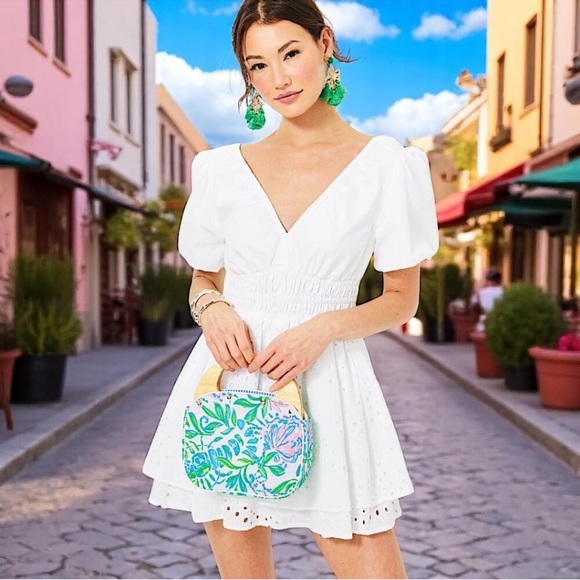 Lilly Pulitzer Axelle Eyelet Romper Resort White Tropical Leaf Eyelet